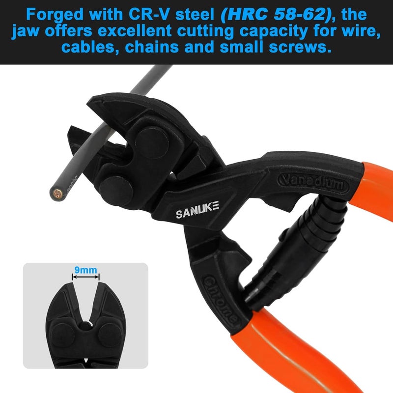 Sanuke 8-inch Mini Bolt Cutter with Recess and Spring, Heavy Duty Bolt Cutter with Security Lock, Ergonomic Handle, CR-V Steel Blade for Wire, Cables, Small Screws - Image 3